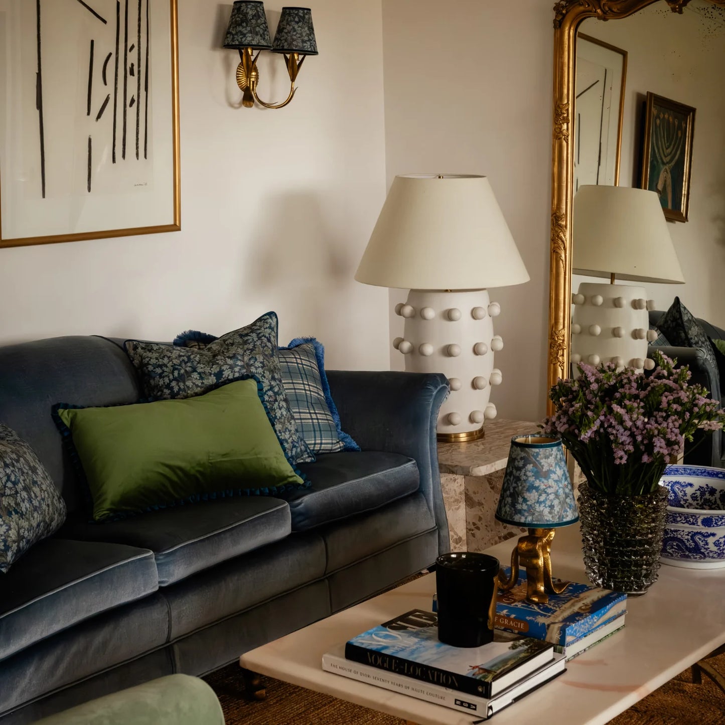 Pistachio Velvet and Parisian Blue Pleated Trim Cushion