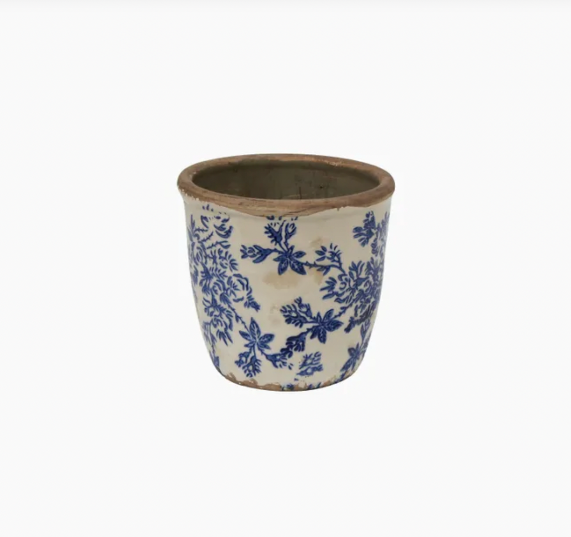 Blue Floral Herb Pot