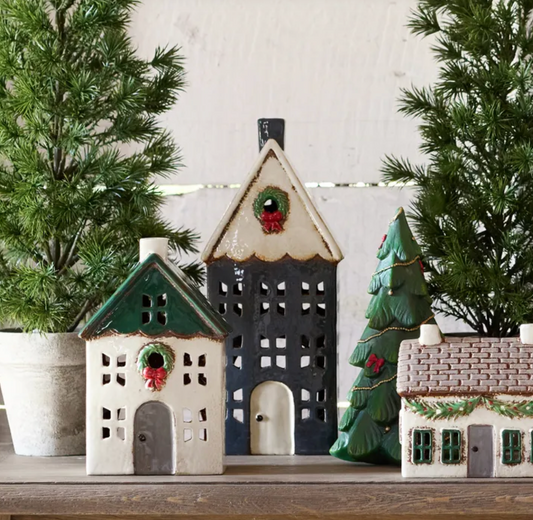 Christmas Tea Light House Blue with Wreath Large