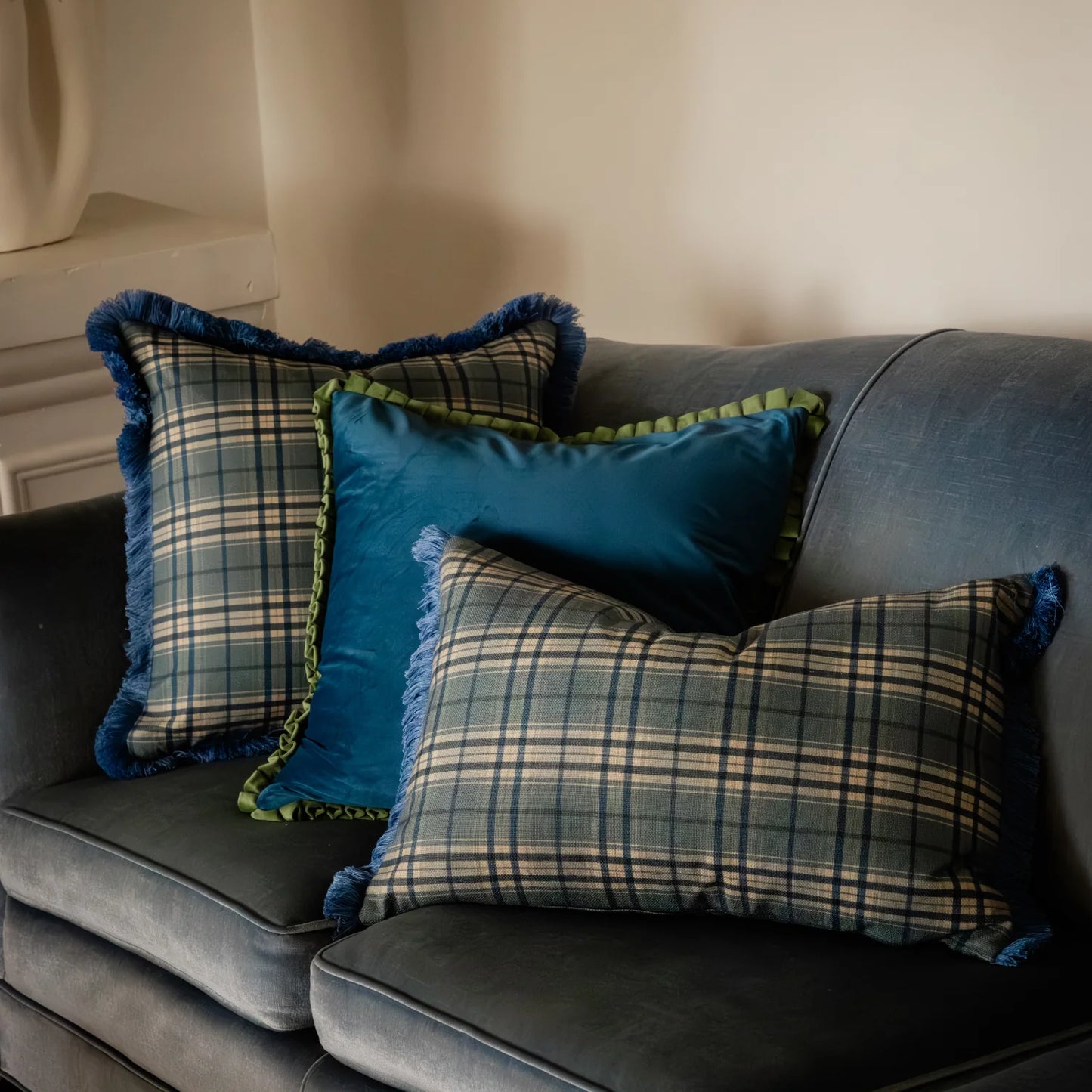 Parisian Blue and Pistachio Velvet Trim Cushion