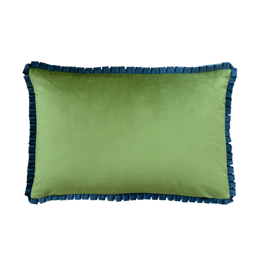 Pistachio Velvet and Parisian Blue Pleated Trim Cushion