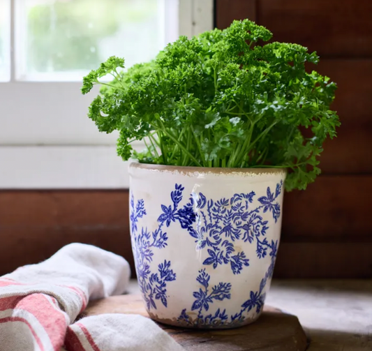 Blue Floral Herb Pot