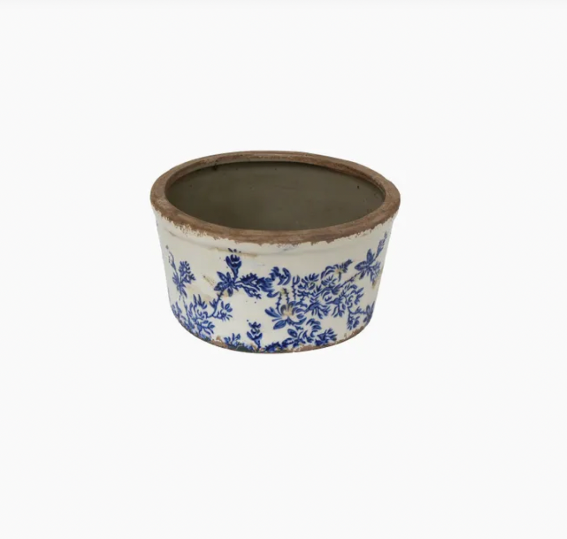 Blue Floral Wide Herb Pot