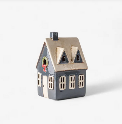 Christmas Tea Light Cottage Navy with Wreath