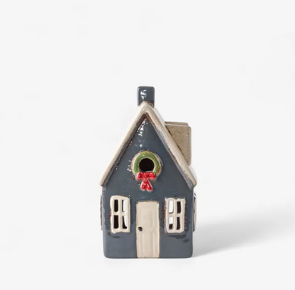 Christmas Tea Light Cottage Navy with Wreath