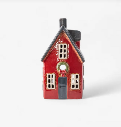 Christmas Tea Light Cottage Red with Wreath