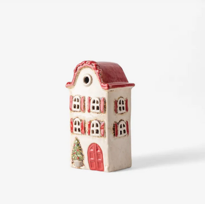 Christmas Tea Light Stone Villa with red Shutters