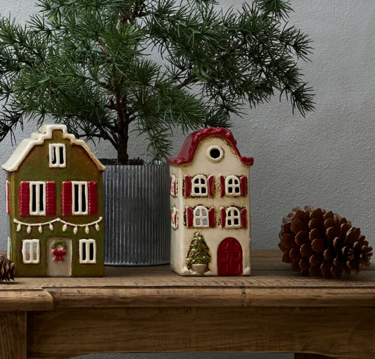 Christmas Tea Light Stone Villa with red Shutters