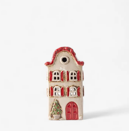 Christmas Tea Light Stone Villa with red Shutters