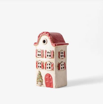 Christmas Tea Light Stone Villa with red Shutters