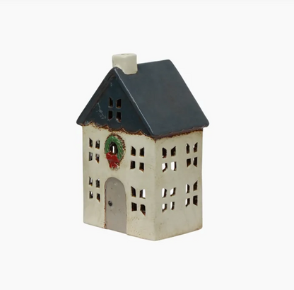 Christmas Tea Light House Blue with Wreath Small