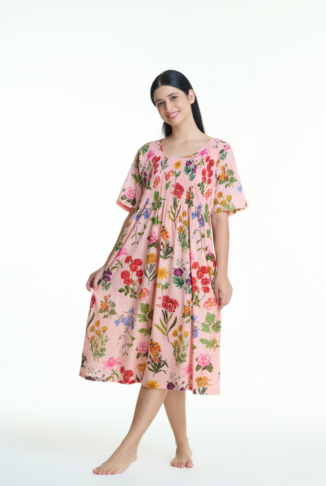 Shirred Bodice Pink Floral Nightie