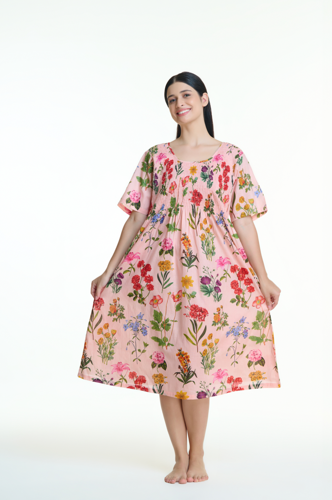Shirred Bodice Pink Floral Nightie