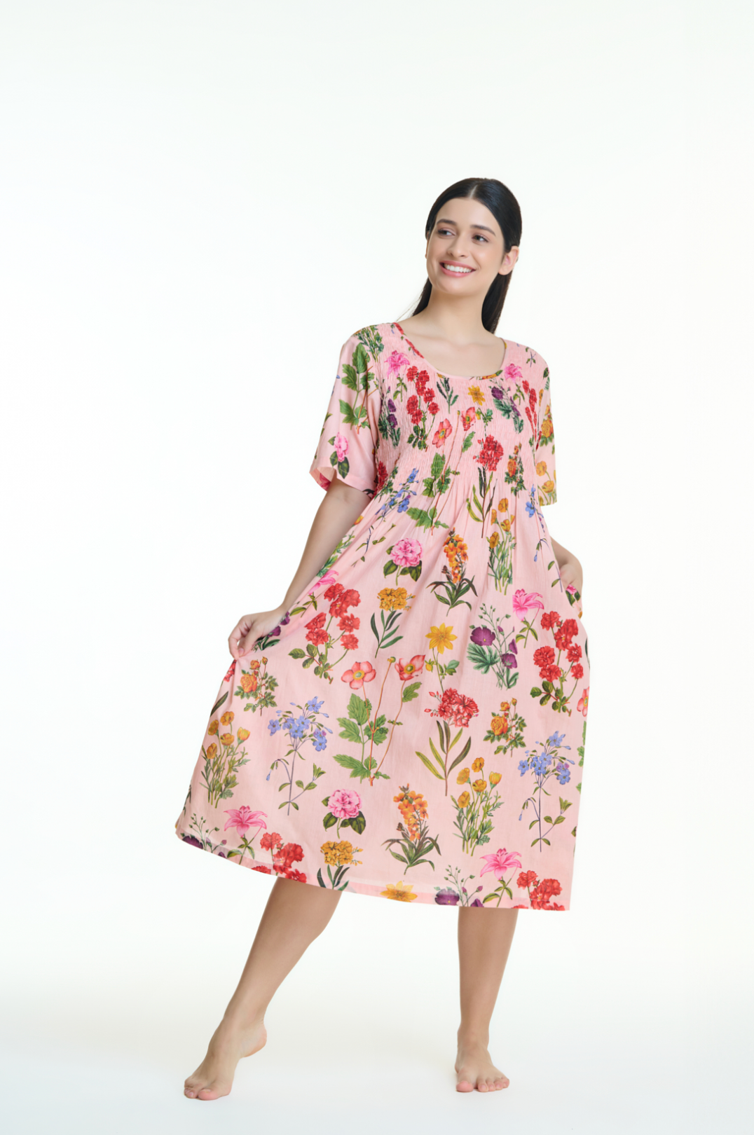 Shirred Bodice Pink Floral Nightie