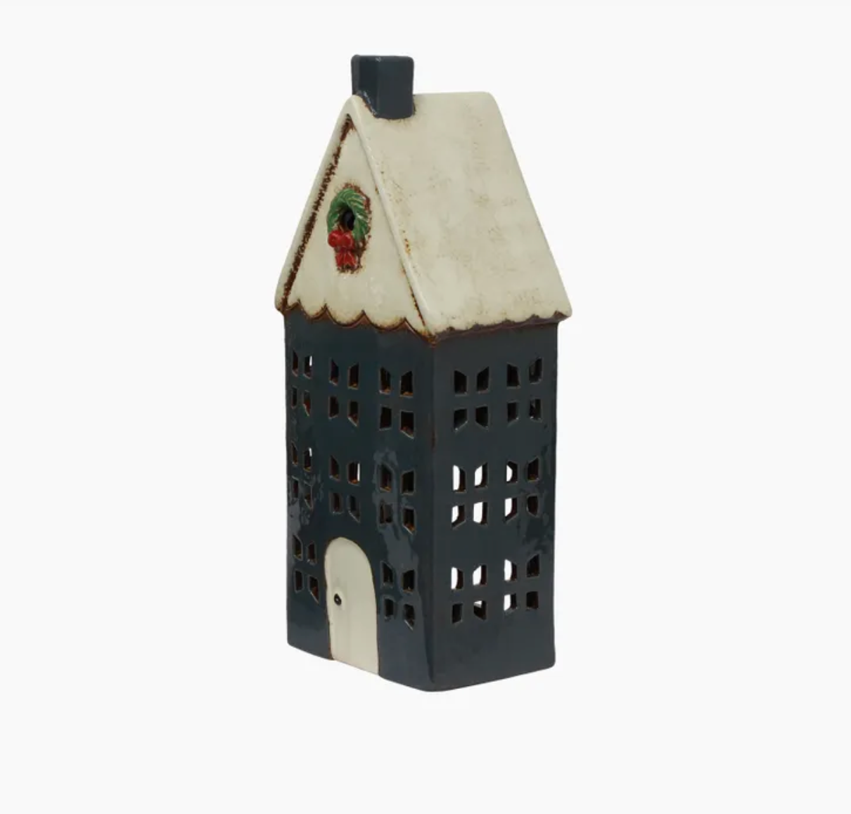 Christmas Tea Light House Blue with Wreath Large