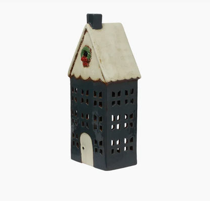 Christmas Tea Light House Blue with Wreath Large