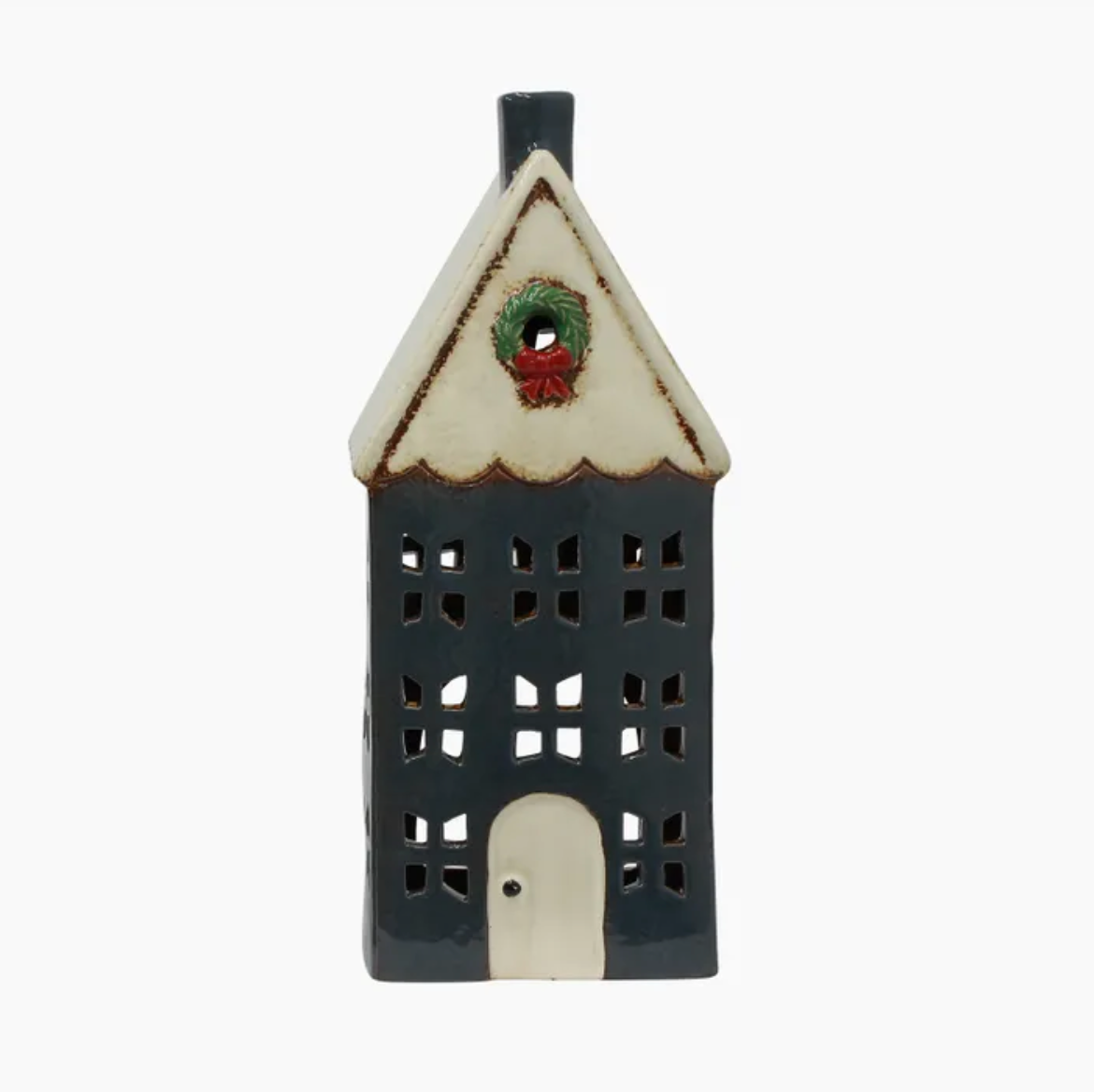 Christmas Tea Light House Blue with Wreath Large