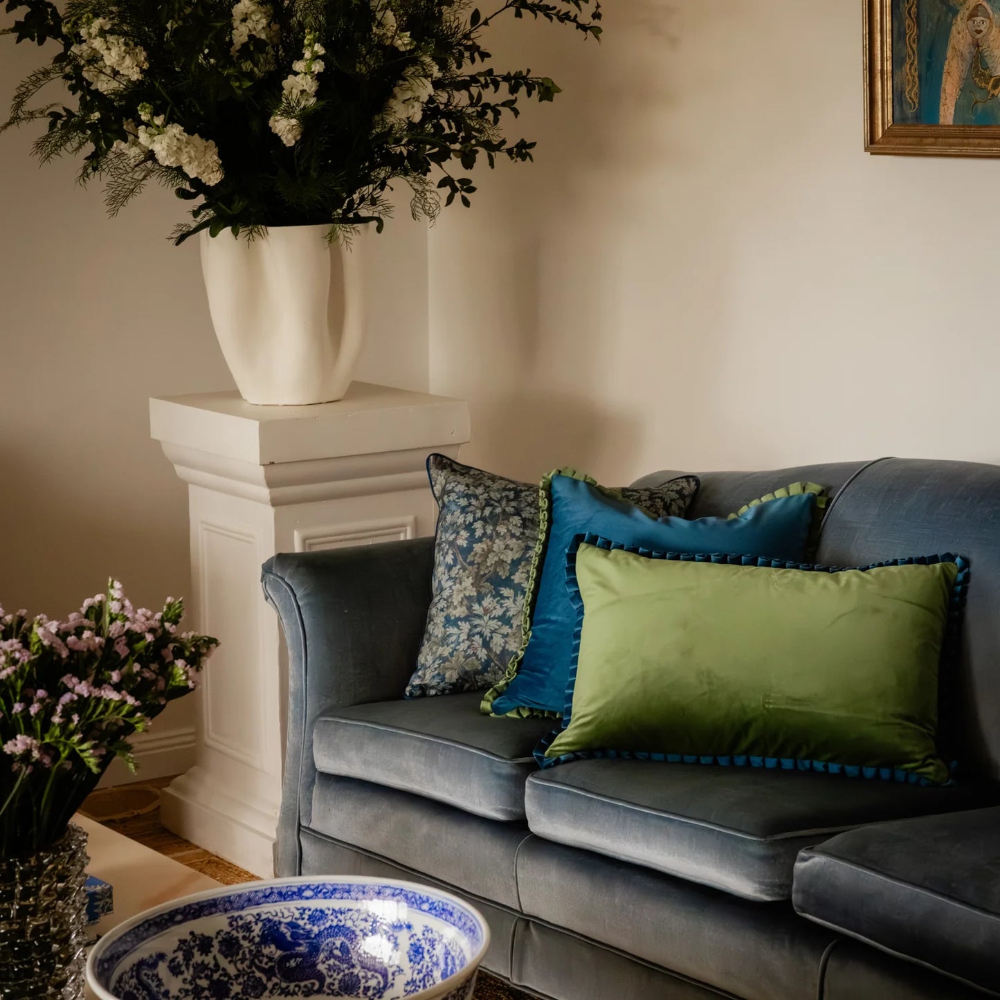 Pistachio Velvet and Parisian Blue Pleated Trim Cushion