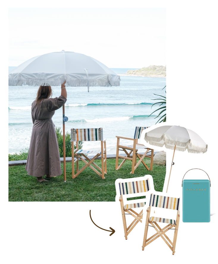 A beach-themed lifestyle collage showing a woman by the ocean with a large white umbrella, alongside two wooden folding director-style chairs with striped cushions and a turquoise tote bag. The image is arranged on a white background with a smaller inset photo of the woman and an arrow pointing toward the chairs.
