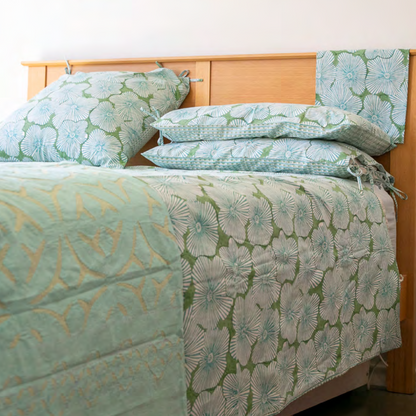 Mandalay Designs Hibiscus Stripe Nile Blue Bed Linen. HALF PRICE