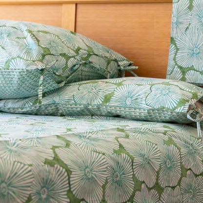Mandalay Designs Hibiscus Stripe Nile Blue Bed Linen.
